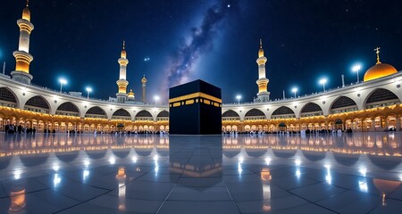 Illuminated night view of the holy kaaba at the grand mosque mecca © Esabella  Designs