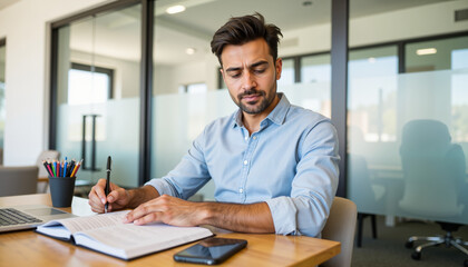 Young man writing in notebook while sitting at desk in modern office  