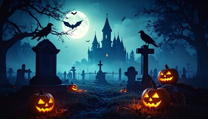 Halloween night scene with illuminated pumpkins in a spooky graveyard under the full moon