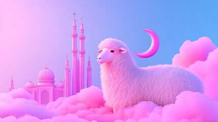 A fluffy white sheep stands on pink clouds with a crescent moon. 