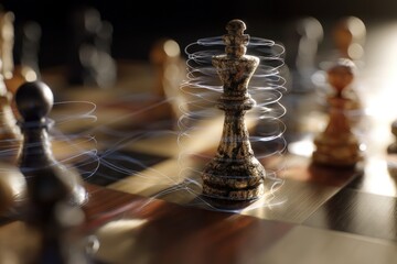 Chess pieces in focus, a swirling effect around the central king piece on a wooden chessboard. Others are blurred in the background, creating a dynamic and artistic composition