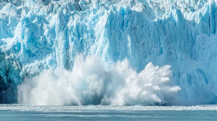 A massive glacier calving into the ocean, creating a large splash of water. 