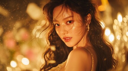 A young Asian woman with long, wavy black hair poses elegantly in a softly lit environment filled with flowers and warm lights.