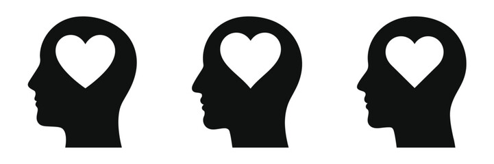 Head with heart (emotional balance), Mental Health and Self Care. Three Silhouettes of Heads with Hearts Representing Love and Affection