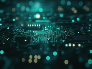Intricate circuit pattern with glowing blue-green lights and bokeh effect, showcasing a futuristic and technological theme with a focus on electronic connections and precise details