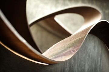 Abstract sculpture focuses on intertwining curved metallic structures with smooth texture, showcasing modern art. The interplay of light and shadow highlights intricate details