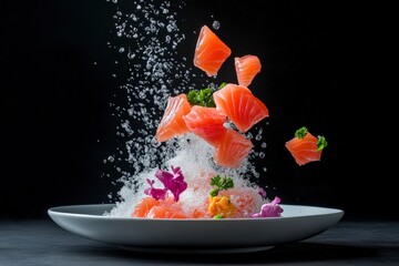 Fresh salmon pieces and colorful vegetables splash onto a white plate, surrounded by flying ice and water droplets against a dark background.