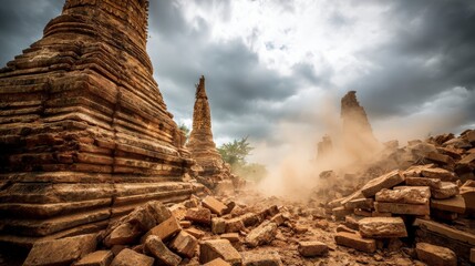 Ruins of ancient structures with dust clouds rising. The scene captures weathered stone towers and scattered debris under a dramatic sky.