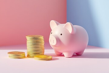 A pink piggy bank next to a stack of gold coins on a pastel background. The scene represents savings and financial planning.