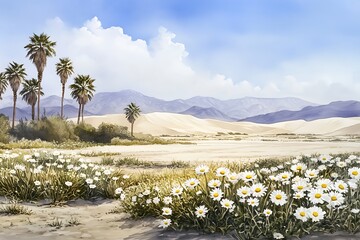 Desert Bloom: Palm Oasis and Mountain Vista