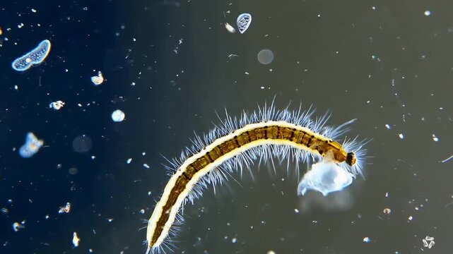 Microscopy footage: Mosquito larva (Culicidae) feeding in dark aquatic environment. Detailed view of segmented body, setae (hairs), and mouthparts. Other microorganisms like Paramecium visible