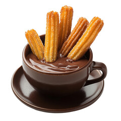 Churros with hot chocolate isolated on transparent background