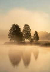 Serene Sunrise Over Misty Lake - Tranquil morning scene, trees reflected in still water, soft mist, golden sunrise light, peaceful atmosphere.