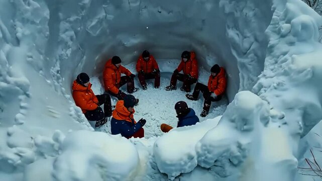 Group of people in igloo on snowy winter day, meeting, teamwork, snow, together.