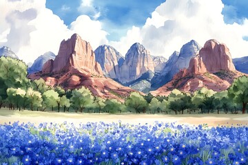 Arizona Landscape with Bluebonnets: A Watercolor Dream
