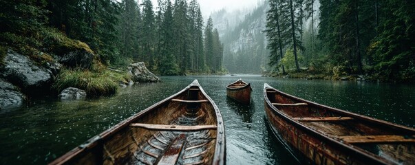 Three wooden canoes floating on a pristine mountain lake during a rainy day, surrounded by lush forest, creating a serene and atmospheric scene