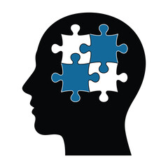 Head with puzzle piece (mental disorders/autism), Mental Health and Self Care. A black and white profile of a head with a puzzle piece fitting within it
