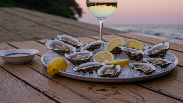 Oysters on the half shell, served on ice with 2 glasses of white wine or champagne and Lemons, sunset on the beach, rustic wooden beachfront restaurant table. Low angle, closeup, landscape wide format