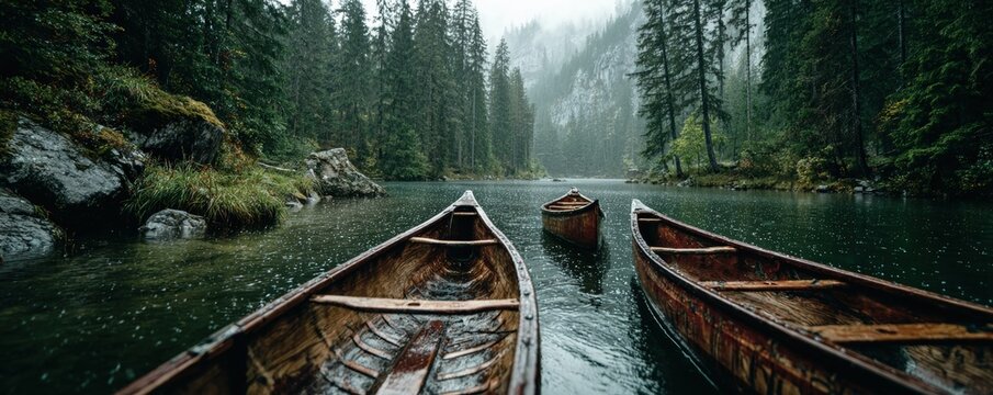 Three wooden canoes floating on a pristine mountain lake during a rainy day, surrounded by lush forest, creating a serene and atmospheric scene - Powered by Adobe