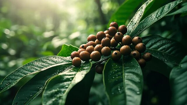 Close-up of coffee plant with coffee beans and green leaves in nature, with raindrops.
