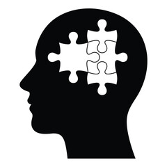 Head with puzzle piece (mental disorders/autism), Mental Health and Self Care. A black and white profile of a head with a puzzle piece fitting within it