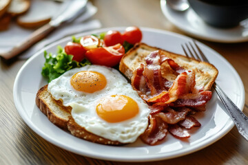 Homemade American breakfast. Fried eggs with bacon and toast, a cup of coffee and a fork on a wooden table. Healthy breakfast. The concept of healthy eating