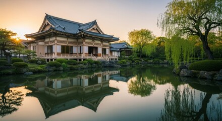 Obraz premium Tranquil Japanese Garden at Sunrise - Serene sunrise scene, reflecting a traditional Japanese building in a calm pond, surrounded by lush greenery and weeping willows.