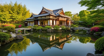 Naklejka premium Tranquil Japanese Garden House - Serene reflection of a traditional Japanese house in a meticulously landscaped garden, symbolizing peace, harmony, nature, culture, and beauty