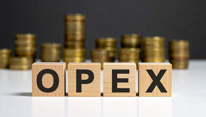 Wooden cubes with abbreviation OPEX. Operating Expenses. Blurred coins on backdrop.