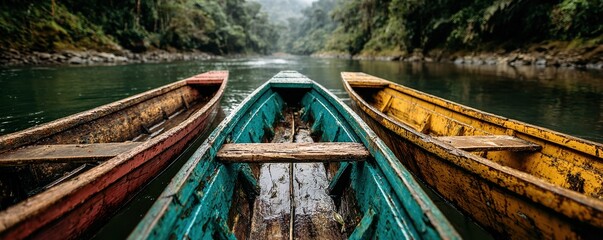 Three colorful canoes are floating on a calm river in a rainforest, creating a peaceful and serene scene