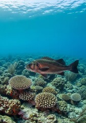 Obraz premium Underwater Fish and Coral Reef Scene - A large fish swims above a vibrant coral reef teeming with life, showcasing the beauty of the underwater world