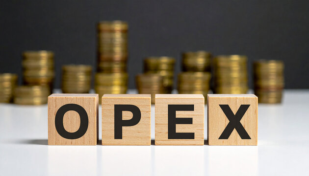 Wooden cubes with abbreviation OPEX. Operating Expenses. Blurred coins on backdrop.