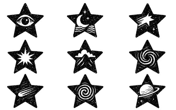 Set of 9 black and white vector stars with surreal designs and textured woodblock print style. Ideal for tattoos, posters, album covers, or mystical graphic projects.	
