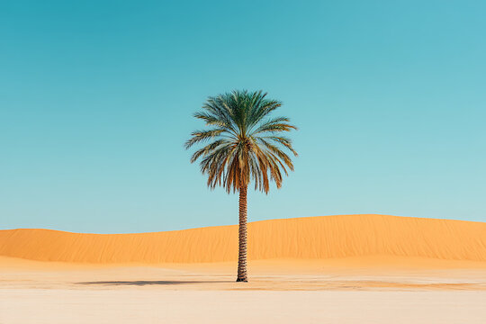 Single palm tree stands tall in vast desert oasis, surrounded by golden sand dunes under clear blue sky, evoking sense of tranquility and solitude - Powered by Adobe