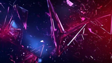 Abstract shattered crystalline forms, vibrant purple and blue, illuminated by a dynamic light source, creating a striking visual effect - Powered by Adobe