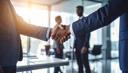 Two men in suits shaking hands in an office, symbolizing a business deal or agreement. The office setting and the handshake evoke a sense of professionalism and collaboration.