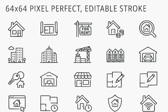 Real estate line icons. Vector illustration include icon - house, insurance, commercial, blueprint, townhouse, keys, shop outline pictogram for property agency 64x64 Pixel Perfect, Editable Stroke
