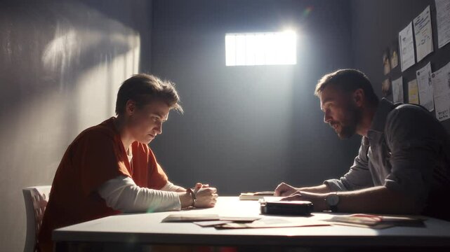 Young female inmate in orange uniform and handcuffs breaking down emotionally and crying during intense interrogation by assertive investigator in prison room. Zoom-in shot