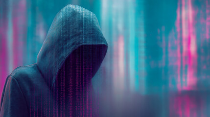 Anonymous hooded hacker figure covered in binary code with digital glitch effect, perfect for cybercrime topics, tech blogs, and cybersecurity campaigns
