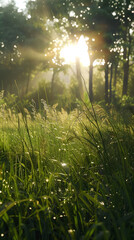 Dew-covered grass illuminated by sunrise, backlit by the sun through a forest.  The scene is lush and vibrant.