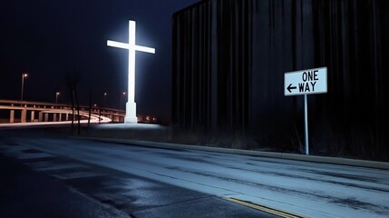 A glowing cross stands tall beside a dark road, illuminated above a “One Way” sign—symbolizing Christ as the only way in a world full of choices.