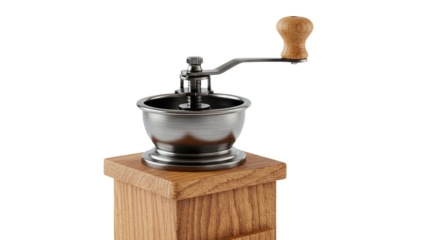 Manual coffee grinder vintage style for fresh beans isolated on a transparent background. Manual coffee grinder with wooden base and crank handle