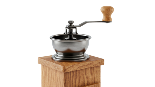 Manual coffee grinder vintage style for fresh beans isolated on a transparent background. Manual coffee grinder with wooden base and crank handle