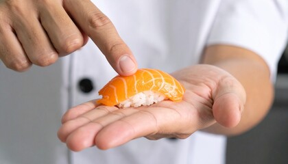 A chef demonstrating a piece of salmon sushi in his hand. The chef is wearing a clean uniform, showcasing culinary skill 
