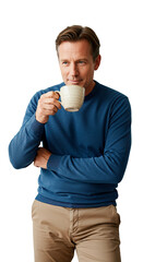 A man enjoying his morning coffee in a comfortable, casual setting.