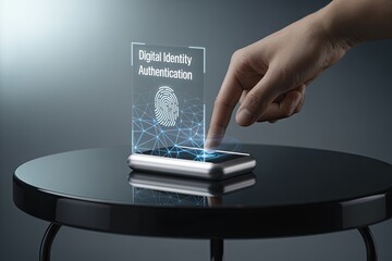 Digital identity authentication system with fingerprint scan on futuristic device
