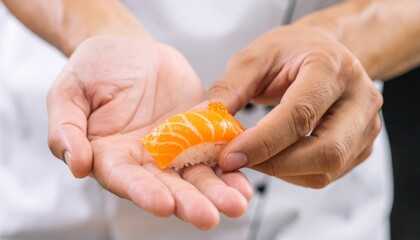 A chef's hands delicately holding a piece of fresh sushi, showcasing the artistry and care put into culinary creation.