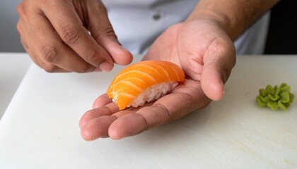 Chef carefully placing a piece of salmon nigiri on a cutting board