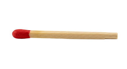 Close up of a single wooden matchstick with red tip for ignition isolated on a transparent background