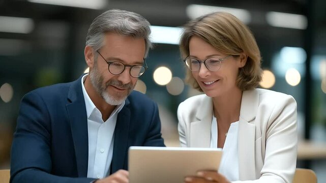Professionals collaborating with a tablet in a sleek, contemporary office setting.